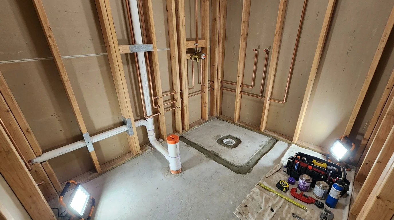 Bathroom rough-in plumbing during remodel by Johns Plumbing LLC in Austin
