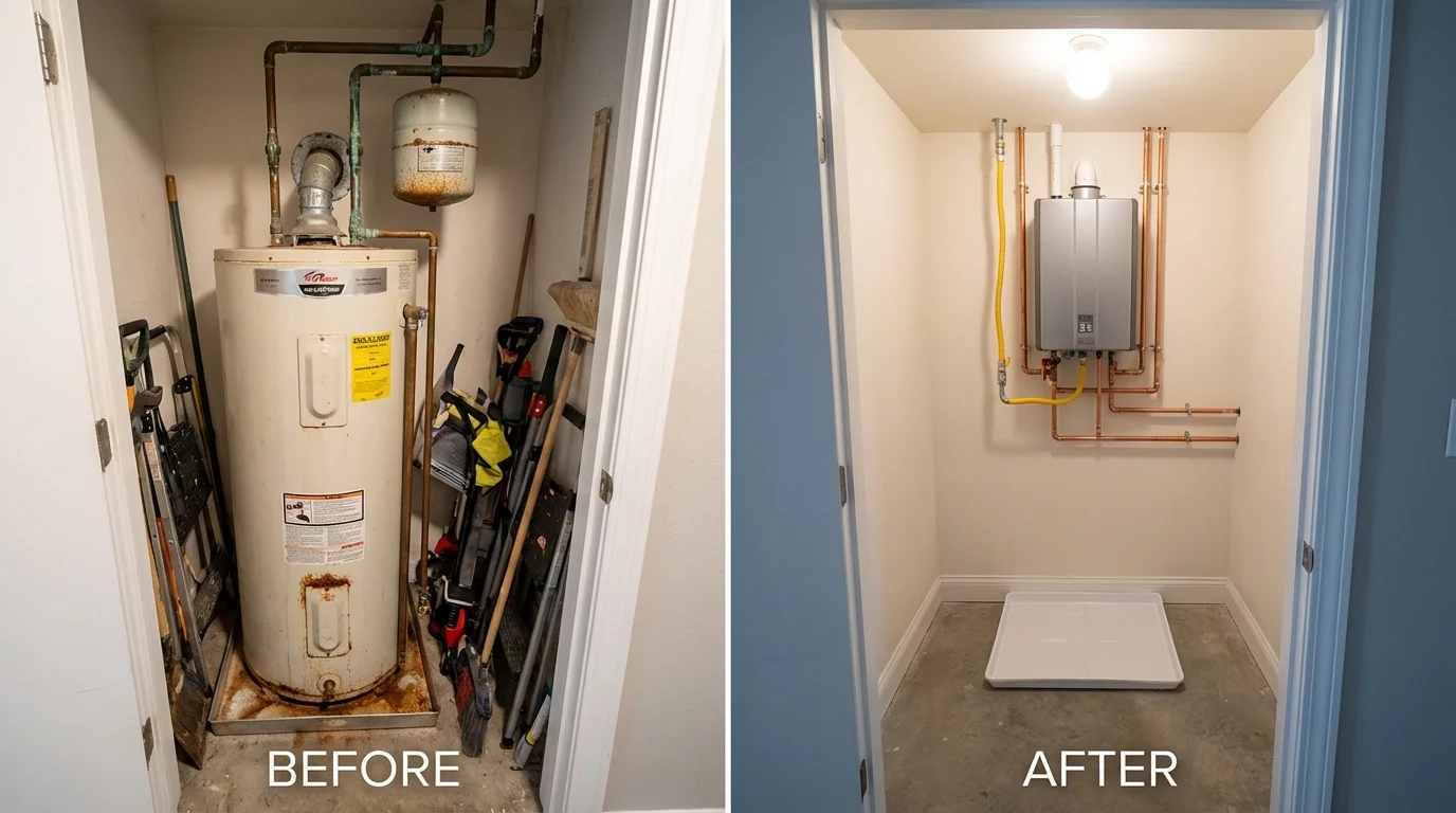 Tank water heater versus wall-mounted tankless unit comparison for Austin, MN homeowners