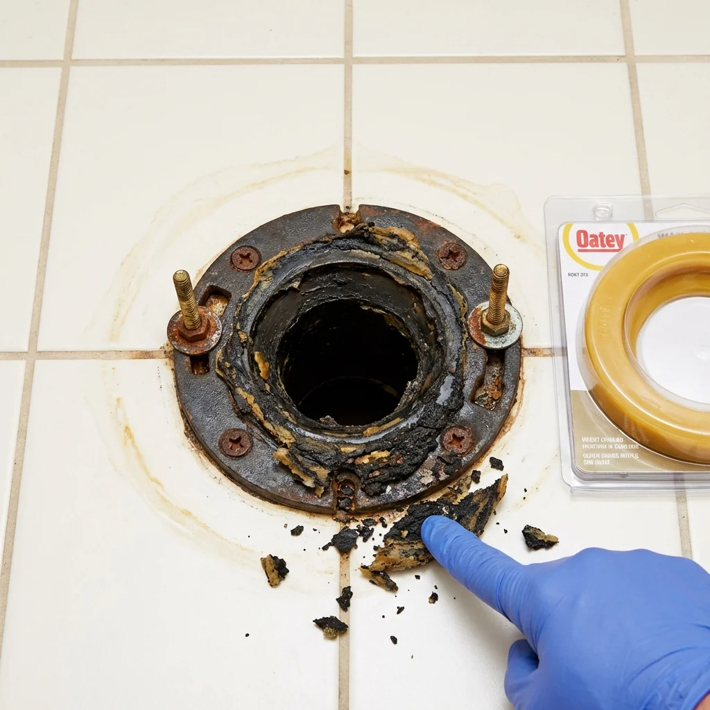 Failed wax ring showing water seepage at the base of a toilet in a Austin, MN home